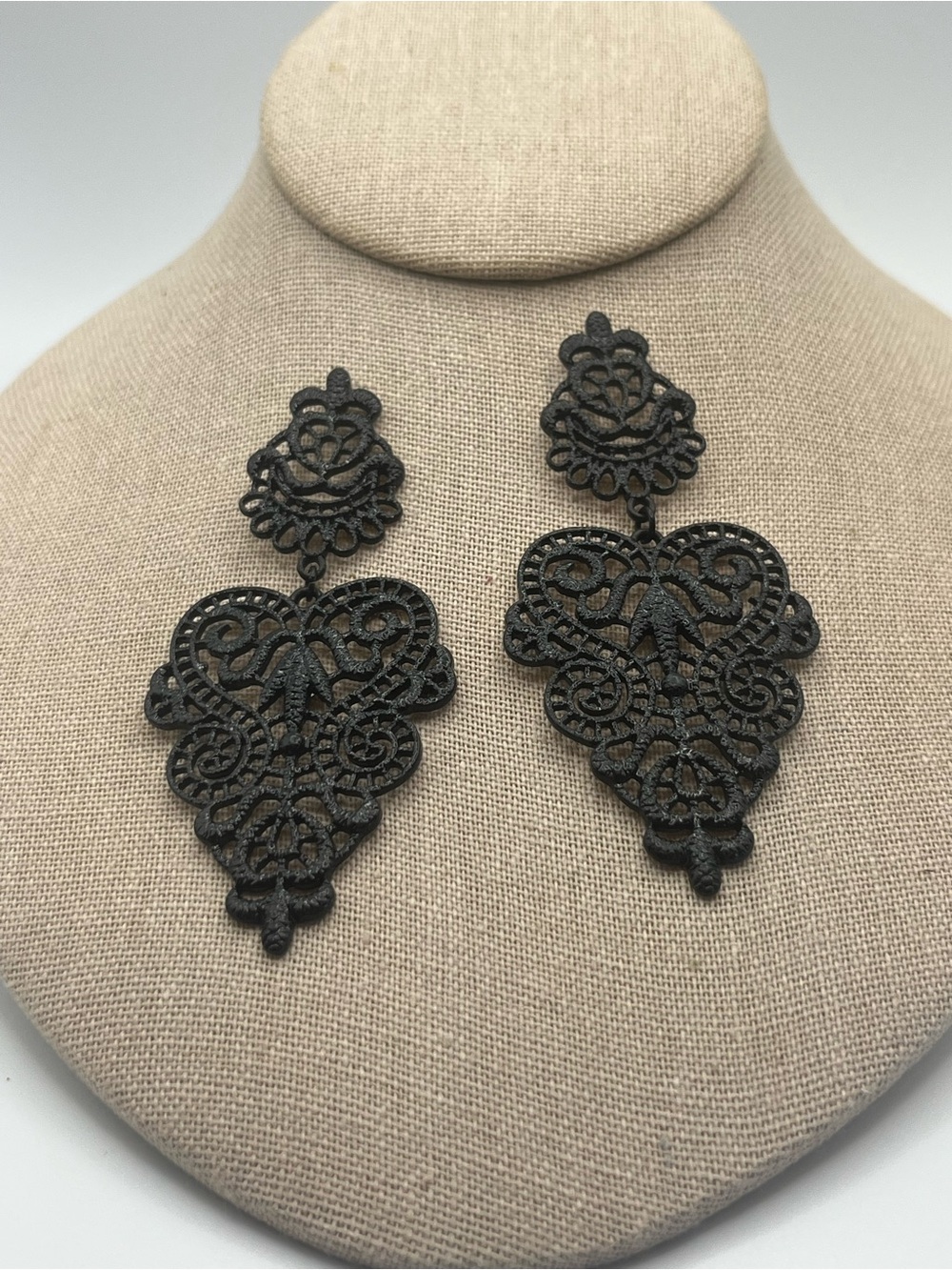 Black Filigree Drop Earrings - Elegant Lace-Inspired Statement